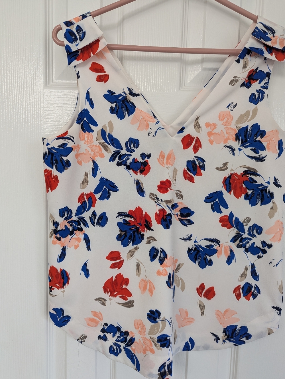 Banana Republic White Blouse with Blue and Coral Floral Accents